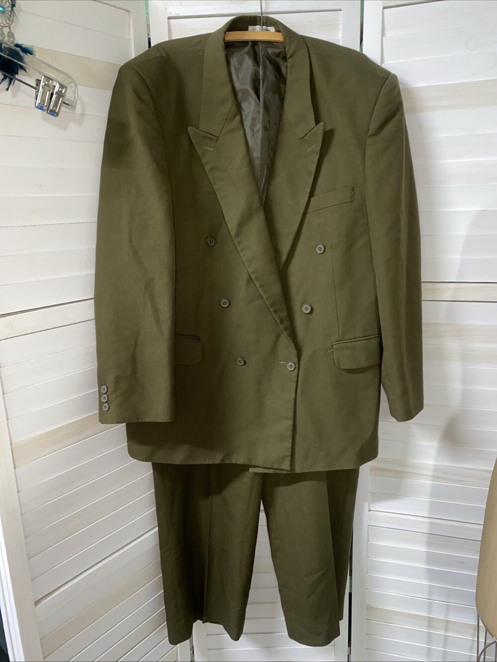 90s Men’s Giorgio Capelli Olive Green Suit Blazer Pants 48R 40x29 Double Breast